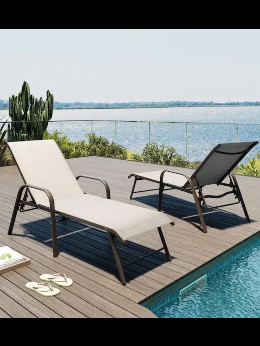 Outdoor Poolside Chaise Lounge - Beige Sling, Brown Frame❗️❗️😍😍